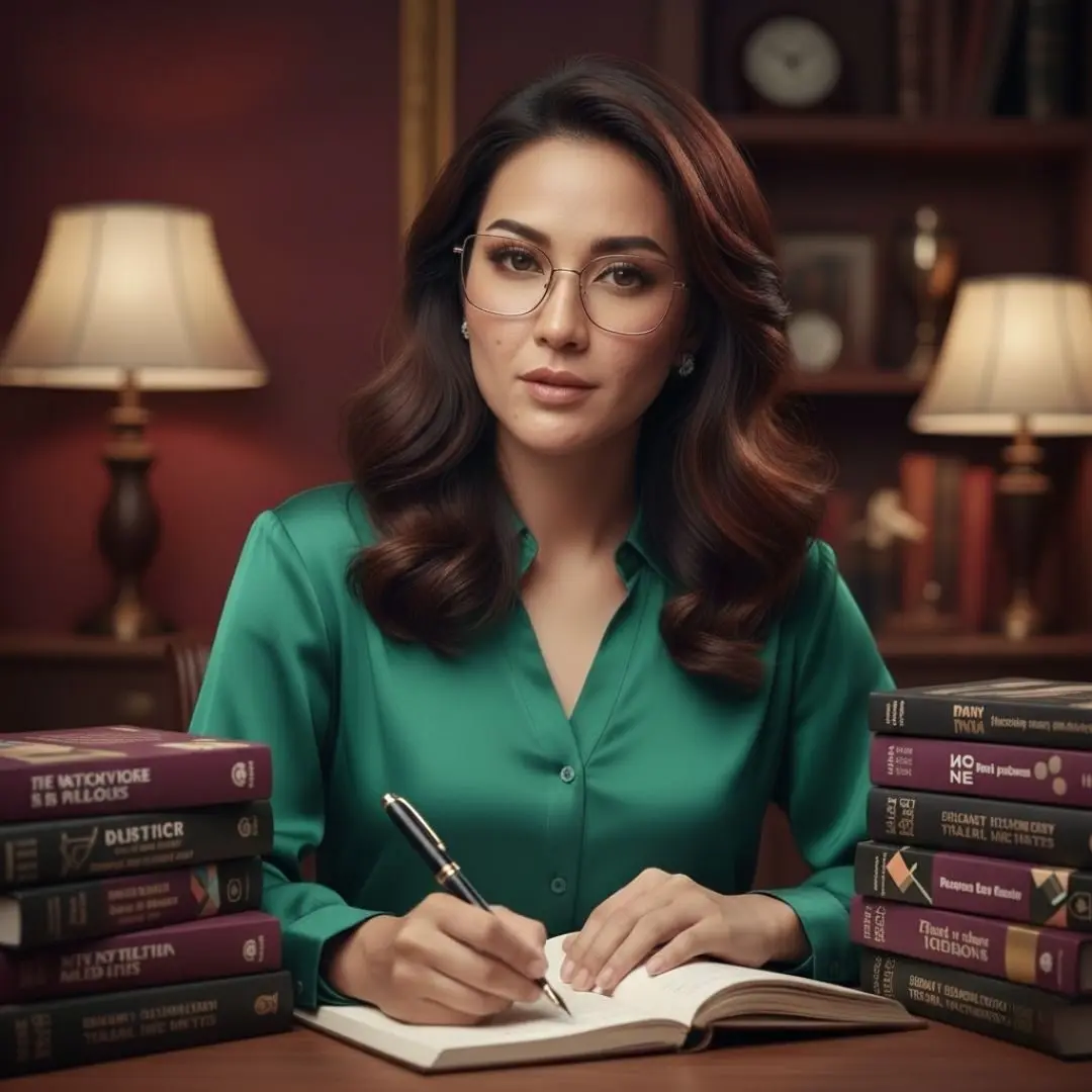 Seorang grafolog profesional lulusan CHA dengan kacamata sedang menulis analisis tulisan tangan di sebuah buku, dikelilingi tumpukan buku referensi di ruang kerja yang profesional.