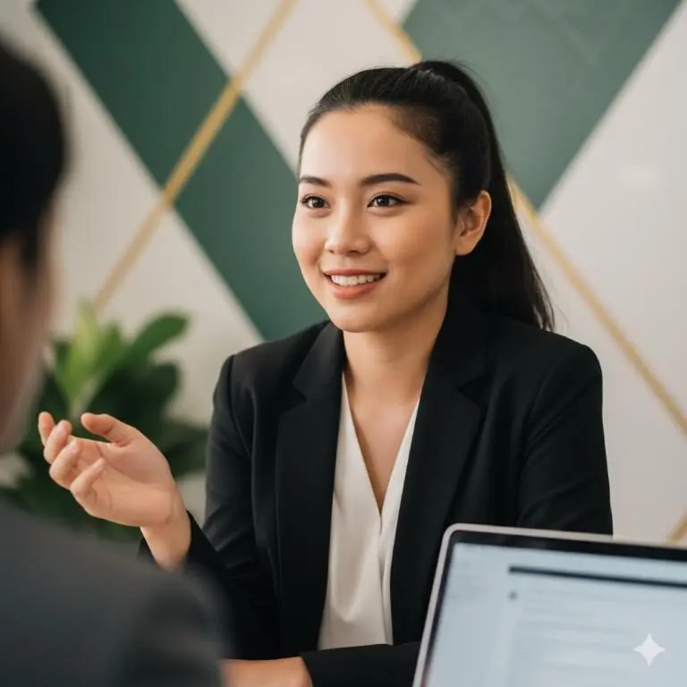 Seorang coach wanita sedang melakukan sesi konsultasi dengan klien, ilustrasi relevan untuk sertifikasi grafologi.