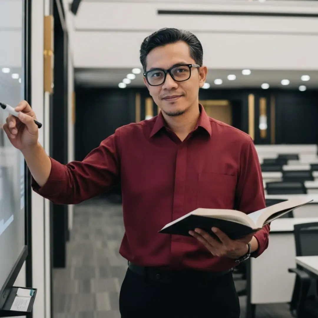 Seorang dosen profesional dengan kacamata sedang menulis di papan tulis sambil memegang buku, mengaplikasikan metode analisis grafologi untuk bimbingan pendidikan dan karier siswa.