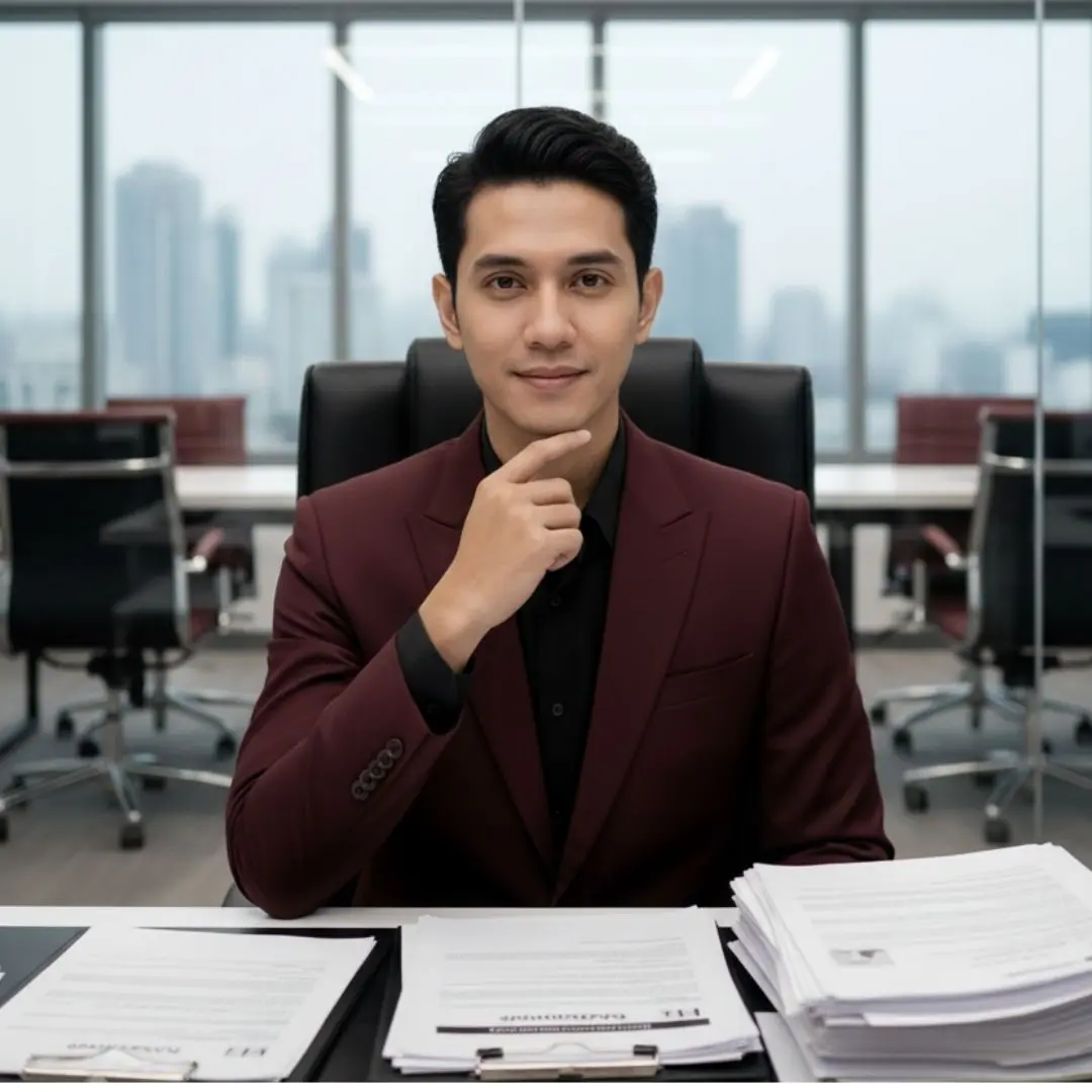 Seorang profesional HR muda sedang melakukan proses rekrutmen dan asesmen kepribadian kandidat karyawan di ruang kantor modern dengan latar belakang gedung perkotaan.