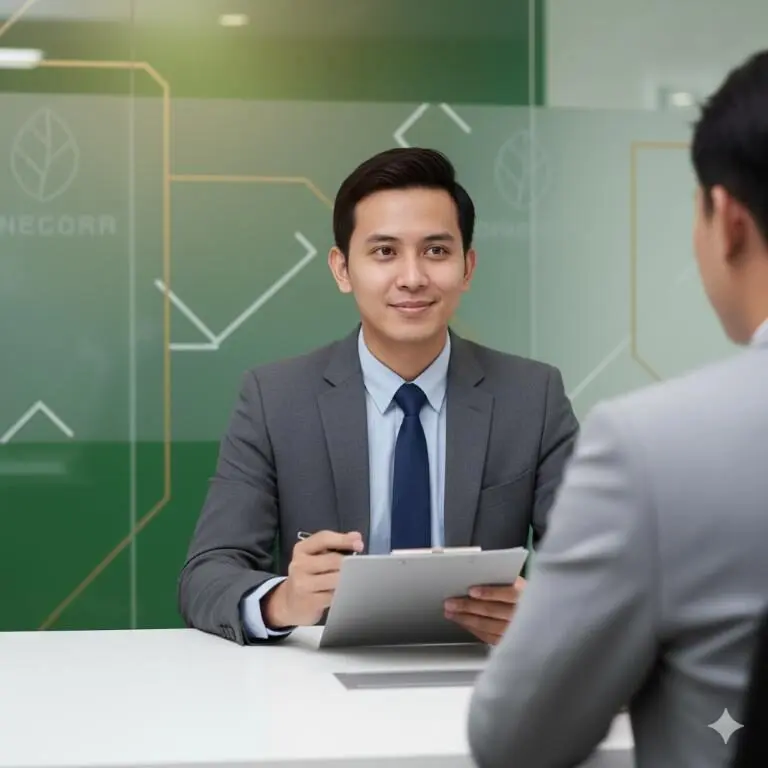 Seorang HRD profesional sedang melakukan interview calon karyawan di ruang kantor modern, ilustrasi relevan untuk sertifikasi grafologi.
