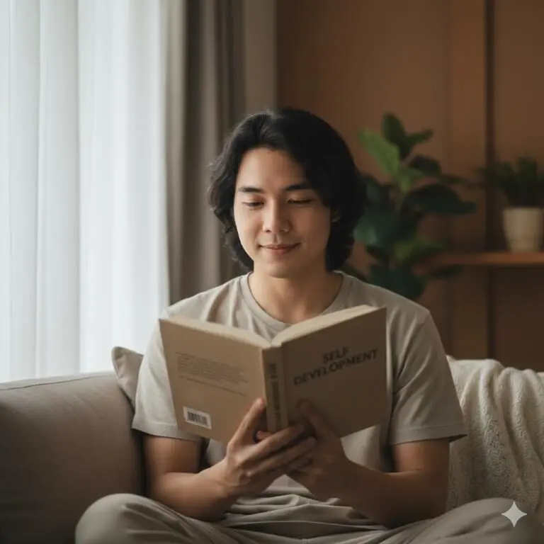 Seorang pria sedang membaca buku self development di ruang tamu, ilustrasi relevan untuk sertifikasi grafologi.