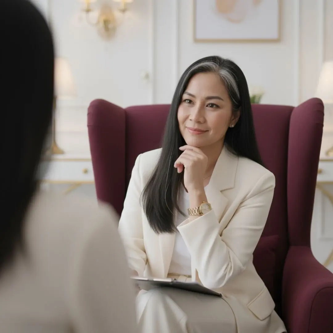 Seorang psikolog profesional yang bijaksana sedang melakukan sesi asesmen klien di ruang konseling, siap menerapkan metode grafologi klinis untuk pemahaman mendalam.