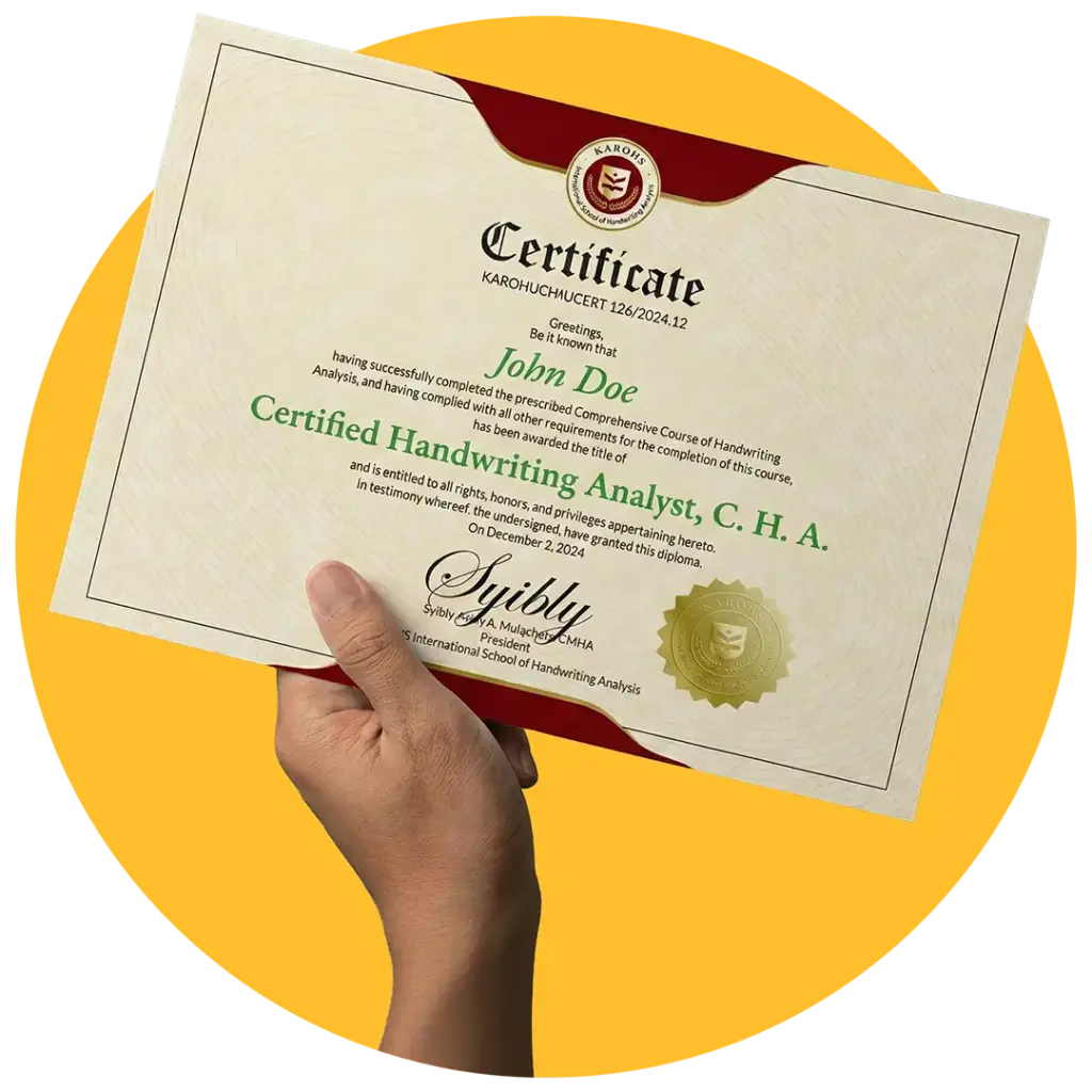 Tangan sedang memegang sertifikat CHA (Certified Handwriting Analyst) sebagai tanda kelulusan sretifikasi grafologi Comprehensive Course