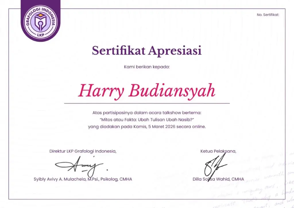 Sertifikat Webinar Grafoterapi Mitos atau Fakta