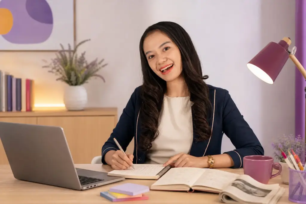Meja kerja dengan laptop dan jurnal tulisan tangan untuk artikel digital journaling dan tulisan tangan
