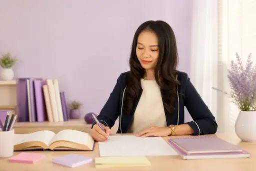 Meja belajar dengan kertas tulisan tangan untuk memahami tekanan tulisan tangan dalam grafologi