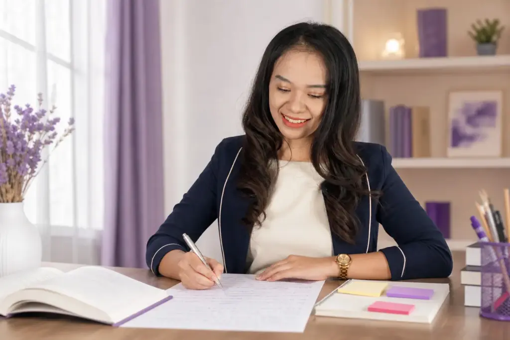 Meja belajar dengan catatan tulisan tangan untuk memahami kemiringan tulisan dalam grafologi