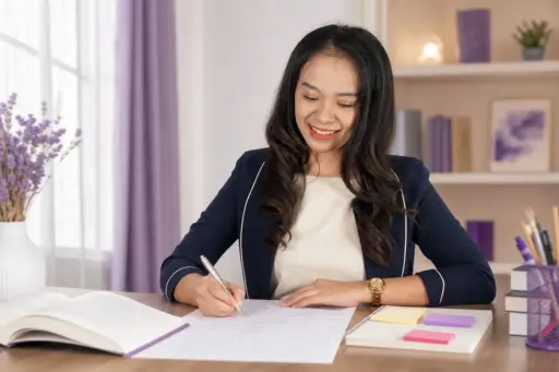 Meja belajar dengan catatan tulisan tangan untuk memahami kemiringan tulisan dalam grafologi